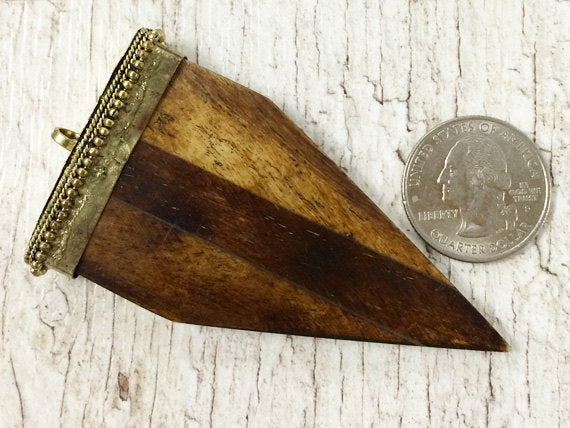 Arrowhead 3.1" Large Bone Pendant with Brass Cap Antique Brown Amulet 79mm Arrowhead 1 Pc - TP135B - BeadPrism