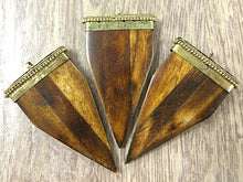 Load image into Gallery viewer, Arrowhead 3.1" Large Bone Pendant with Brass Cap Antique Brown Amulet 79mm Arrowhead 1 Pc - TP135B - BeadPrism