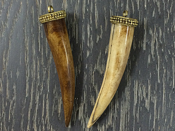 Extra Large Bone Horn Tusk tooth Pendant Brass Cap Antique Brown 3.6" Tibetan Pendant 1 Pc - TP102A - BeadPrism