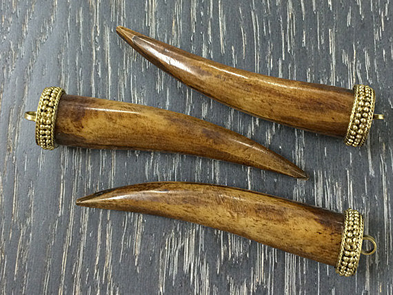 25 Pc Large Bone Horn Tusk tooth Pendant Brass Cap Antique Brown 3.6" Tibet Horn Pendant - TP102A-25 - BeadPrism