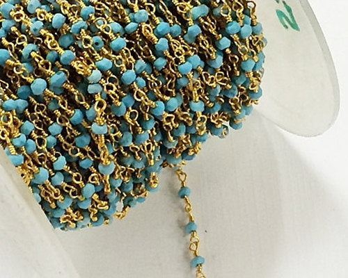 40%OFF 10Ft Turquoise 3mm Faceted Gemstone Gold Plated Wire Wrapped Chain By Ft -CHGS-TQ - BeadPrism