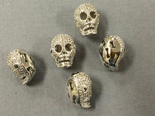Load image into Gallery viewer, Micro Pave Set CZ Skull Beads, Horizontal &amp; Vertical Hole, Rhodium/Silver Tone - BMP11-SIL - BeadPrism