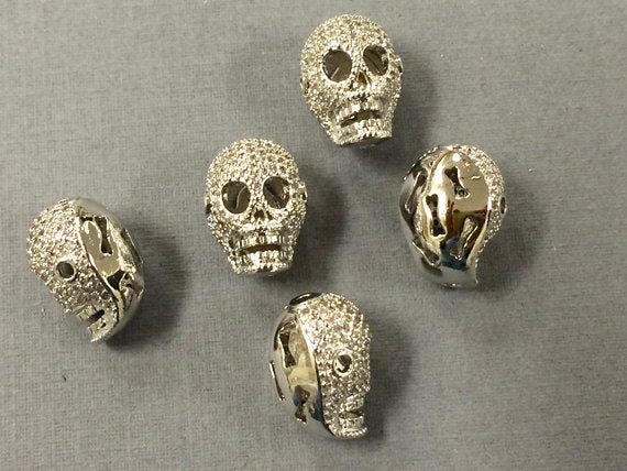Micro Pave Set CZ Skull Beads, Horizontal & Vertical Hole, Rhodium/Silver Tone - BMP11-SIL - BeadPrism