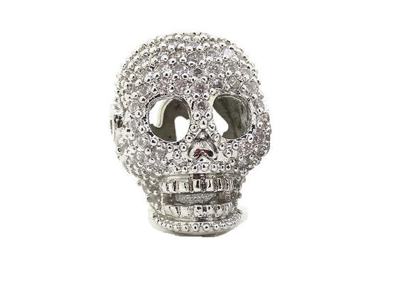 Micro Pave Set CZ Skull Beads, Horizontal & Vertical Hole, Rhodium/Silver Tone - BMP11-SIL - BeadPrism