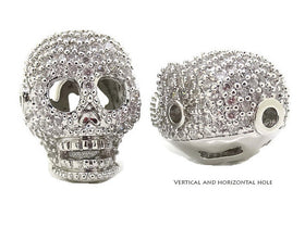 Micro Pave Set CZ Skull Beads, Horizontal & Vertical Hole, Rhodium/Silver Tone - BMP11-SIL - BeadPrism
