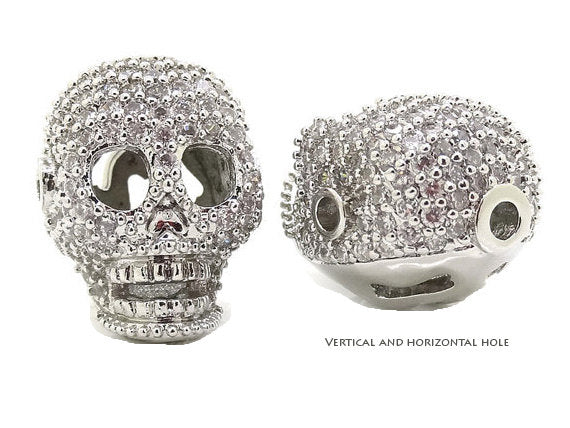 Micro Pave Set CZ Skull Beads, Horizontal & Vertical Hole, Rhodium/Silver Tone - BMP11-SIL - BeadPrism