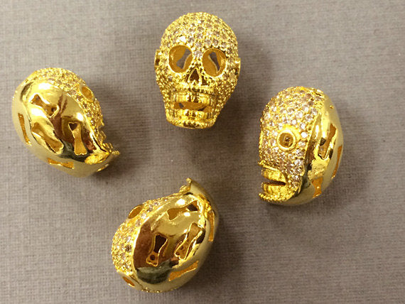 Micro Pave Set CZ Skull Bead, Gold Tone, horizontal & Vertical Hole -BMP11-GOLD - BeadPrism