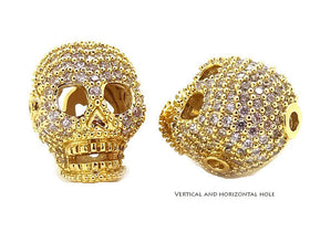 Micro Pave Set CZ Skull Bead, Gold Tone, horizontal & Vertical Hole -BMP11-GOLD - BeadPrism
