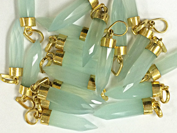 Aqua Blue Chalcedony Spike Faceted Charm 1.4", 24K gold electroplated cap, Aqua Blue pendant - AP306 - BeadPrism