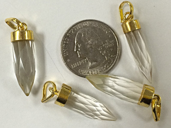 Crystal quartz Spike Faceted Charm 1.4" w/24K gold electroplated cap minimalist jewerly -AP305 - BeadPrism