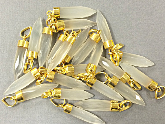 White Chalcedony Spike Faceted Charm 1.4" with 24K gold electroplated cap, White pendant - AP309 - BeadPrism