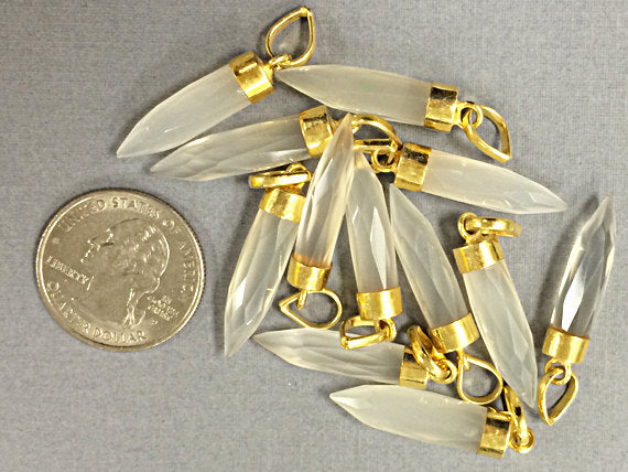 White Chalcedony Spike Faceted Charm 1.4" with 24K gold electroplated cap, White pendant - AP309 - BeadPrism