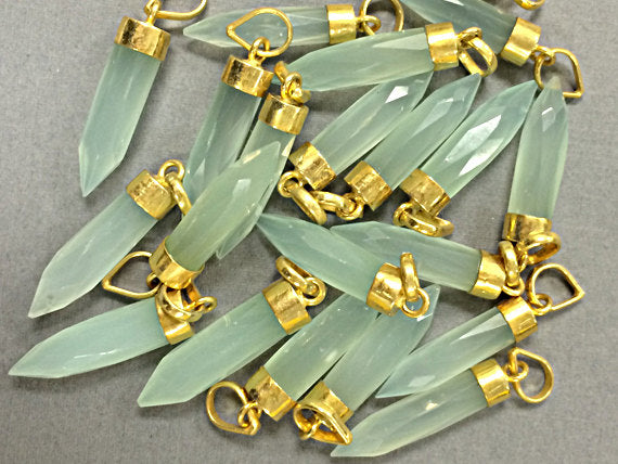Aqua Blue Chalcedony Spike Faceted Charm 1.4", 24K gold electroplated cap, Aqua Blue pendant - AP306 - BeadPrism