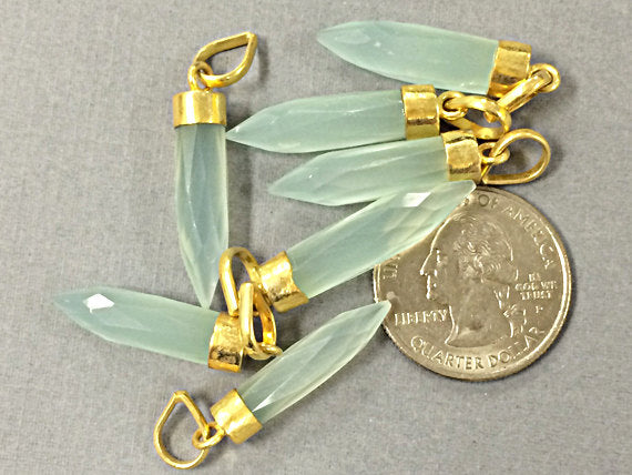 Aqua Blue Chalcedony Spike Faceted Charm 1.4", 24K gold electroplated cap, Aqua Blue pendant - AP306 - BeadPrism
