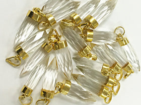 Crystal quartz Spike Faceted Charm 1.4" w/24K gold electroplated cap minimalist jewerly -AP305 - BeadPrism