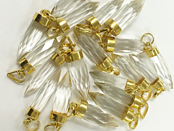 Crystal quartz Spike Faceted Charm 1.4" w/24K gold electroplated cap minimalist jewerly -AP305 - BeadPrism