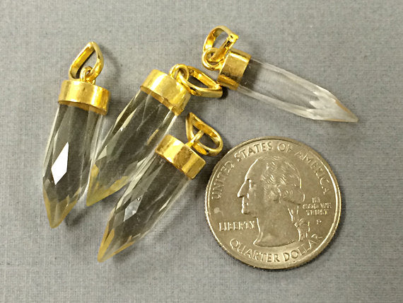 Crystal quartz Spike Faceted Charm 1.4" w/24K gold electroplated cap minimalist jewerly -AP305 - BeadPrism