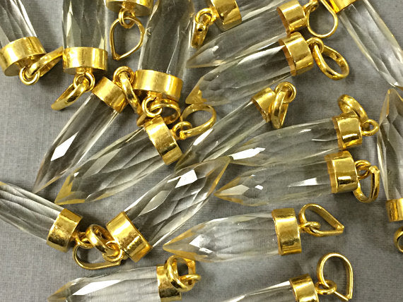 Crystal quartz Spike Faceted Charm 1.4" w/24K gold electroplated cap minimalist jewerly -AP305 - BeadPrism