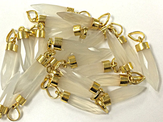 White Chalcedony Spike Faceted Charm 1.4" with 24K gold electroplated cap, White pendant - AP309 - BeadPrism