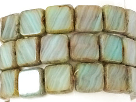 Aqua Blue Glass Bead, Picasso, Czech Square  Beads 9mm, 15 Pcs, czech glass beads - CZB035 - BeadPrism