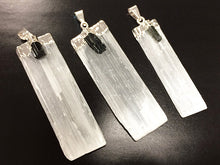 Load image into Gallery viewer, Selenite Crystal blade Pendant w/ Back Tourmaline accent, Silver Plated Cap 2+ inch - 1 Pc - DP9-ST - BeadPrism