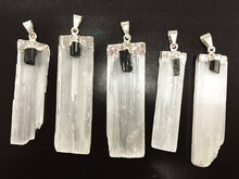 Load image into Gallery viewer, Selenite Crystal blade Pendant w/ Back Tourmaline accent, Silver Plated Cap 2+ inch - 1 Pc - DP9-ST - BeadPrism