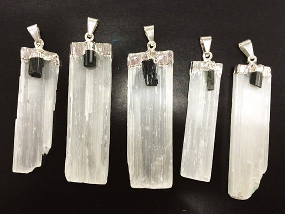 Selenite Crystal blade Pendant w/ Back Tourmaline accent, Silver Plated Cap 2+ inch - 1 Pc - DP9-ST - BeadPrism