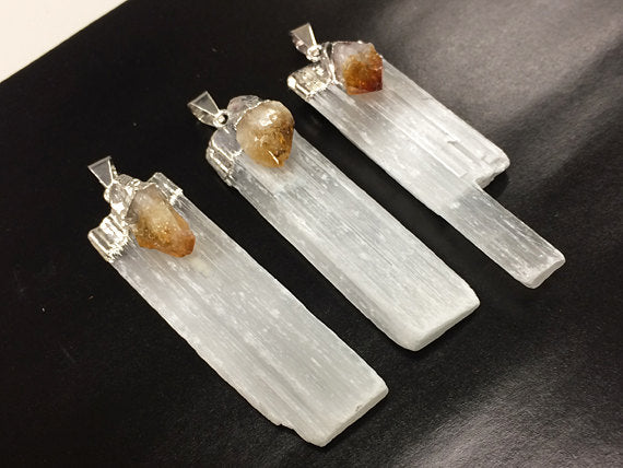 Selenite Crystal Blade Pendant with Yellow Citrine Accent, Silver Plated Cap, 2+ inch - DP9-SC - BeadPrism