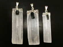 Load image into Gallery viewer, Selenite Crystal blade Pendant w/ Back Tourmaline accent, Silver Plated Cap 2+ inch - 1 Pc - DP9-ST - BeadPrism