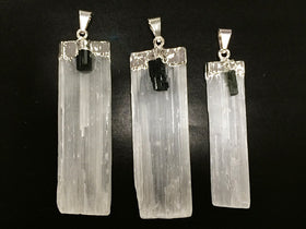 Selenite Crystal blade Pendant w/ Back Tourmaline accent, Silver Plated Cap 2+ inch - 1 Pc - DP9-ST - BeadPrism