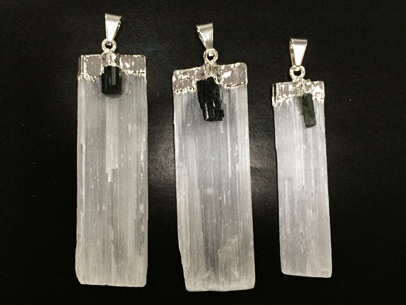 Selenite Crystal blade Pendant w/ Back Tourmaline accent, Silver Plated Cap 2+ inch - 1 Pc - DP9-ST - BeadPrism