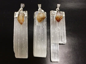 Selenite Crystal Blade Pendant with Yellow Citrine Accent, Silver Plated Cap, 2+ inch - DP9-SC - BeadPrism