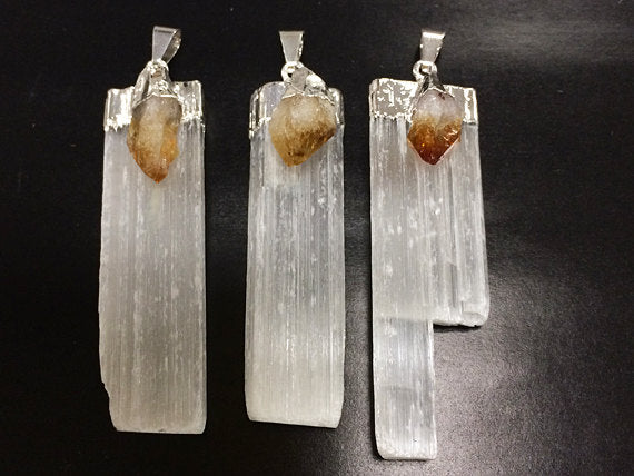 Selenite Crystal Blade Pendant with Yellow Citrine Accent, Silver Plated Cap, 2+ inch - DP9-SC - BeadPrism