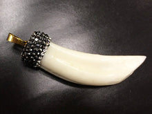 Load image into Gallery viewer, Pave Black Diamond Rhinestone Capped Shell Tibet Horn Tusk Pendant Cream 2.50" 65mm x 19mm - AP403 - BeadPrism