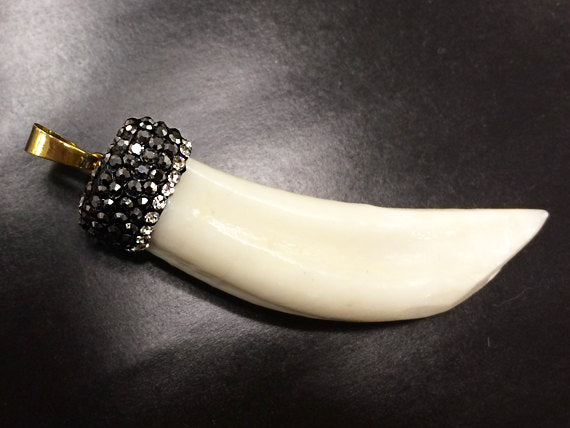 Pave Black Diamond Rhinestone Capped Shell Tibet Horn Tusk Pendant Cream 2.50" 65mm x 19mm - AP403 - BeadPrism