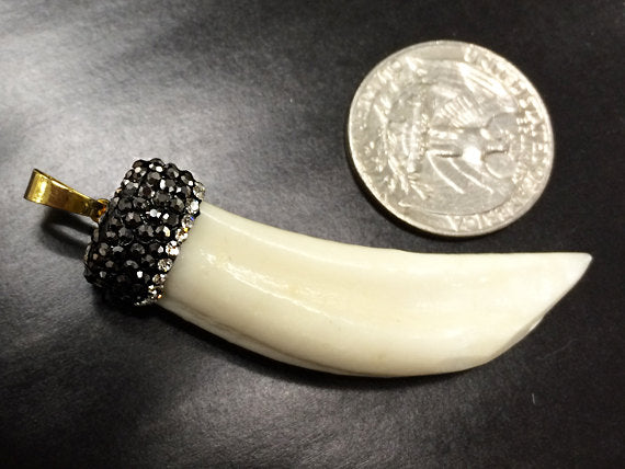 Pave Black Diamond Rhinestone Capped Shell Tibet Horn Tusk Pendant Cream 2.50" 65mm x 19mm - AP403 - BeadPrism