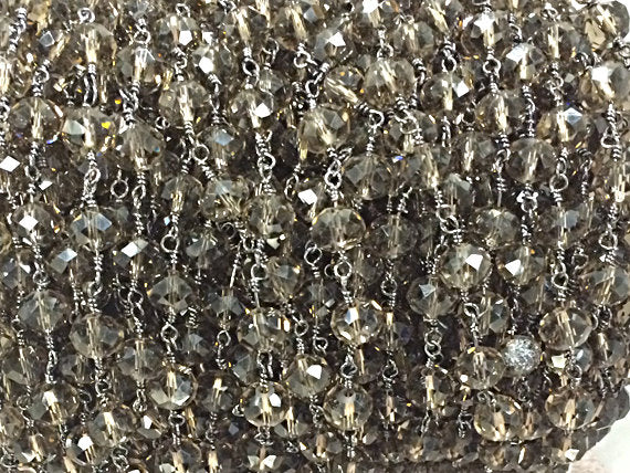10 feet 8mm Smokey Topaz wire wrapped chain by Foot, 8x6mm crytsal Rondells Gunmetal wire - CH221-10 - BeadPrism