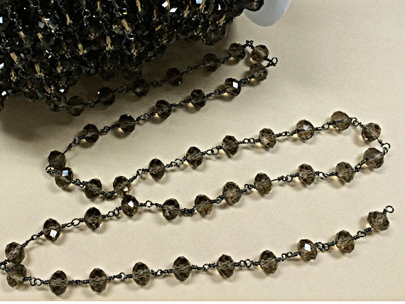 10 feet 8mm Smokey Topaz wire wrapped chain by Foot, 8x6mm crytsal Rondells Gunmetal wire - CH221-10 - BeadPrism