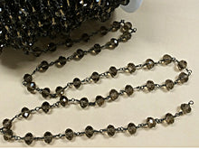 Load image into Gallery viewer, 10 feet 8mm Smokey Topaz wire wrapped chain by Foot, 8x6mm crytsal Rondells Gunmetal wire - CH221-10 - BeadPrism