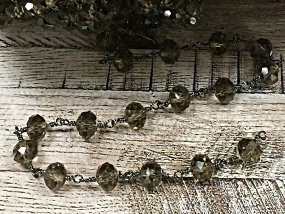 10 feet 8mm Smokey Topaz wire wrapped chain by Foot, 8x6mm crytsal Rondells Gunmetal wire - CH221-10 - BeadPrism