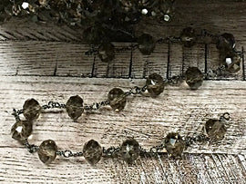 10 feet 8mm Smokey Topaz wire wrapped chain by Foot, 8x6mm crytsal Rondells Gunmetal wire - CH221-10 - BeadPrism