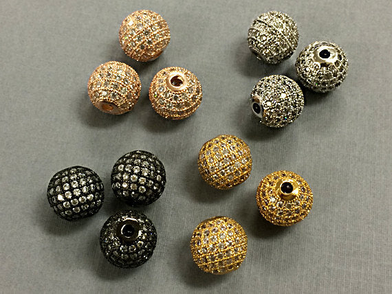 10 Pc 8mm CZ Micro Pave White Zircon Round Spacer Beads 1.5mm Hole, Black AAA Quality - BMP8-10 - BeadPrism