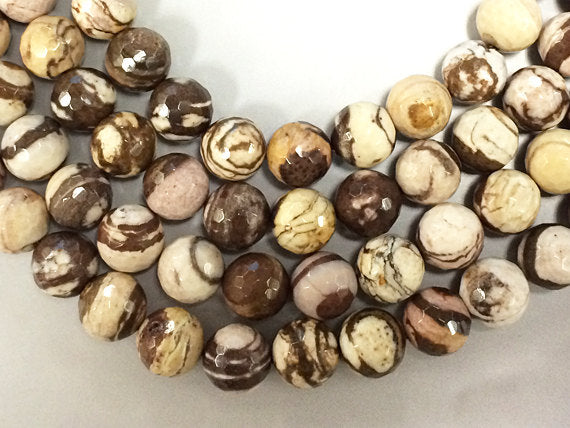 10mm Faceted Zebra Jasper cream brown gemstone 37 beads AAA quality, 15" strand - SJAS120 - BeadPrism