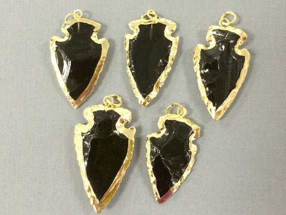 Black Obsidian 1.5" Approx. Arrowhead  Gold Plated Edged, Black Arrow Head Pendant  - AP212-BO - BeadPrism