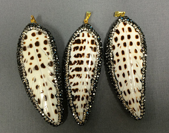 CZ Encrusted Carved Feather Shell Pendant 2.5 inch, 24mm x 63mm, Feather Pendants = AP404 - BeadPrism