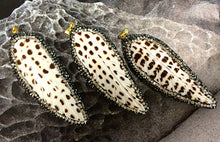 Load image into Gallery viewer, CZ Encrusted Carved Feather Shell Pendant 2.5 inch, 24mm x 63mm, Feather Pendants = AP404 - BeadPrism