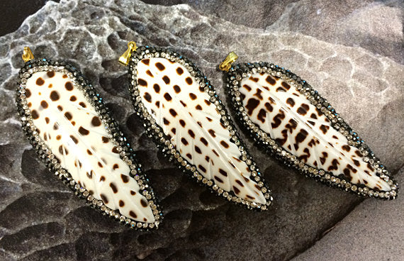CZ Encrusted Carved Feather Shell Pendant 2.5 inch, 24mm x 63mm, Feather Pendants = AP404 - BeadPrism