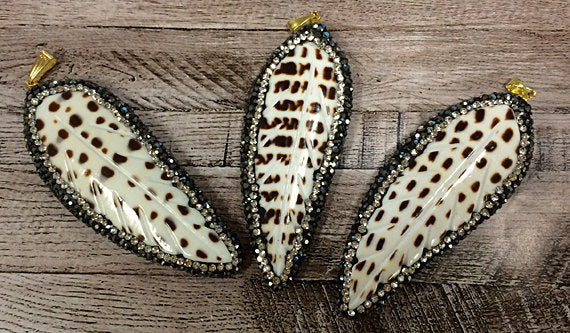 CZ Encrusted Carved Feather Shell Pendant 2.5 inch, 24mm x 63mm, Feather Pendants = AP404 - BeadPrism