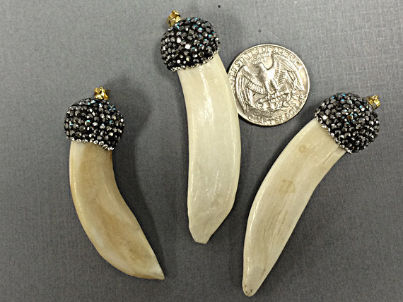 Pave Black Diamond Rhinestone Capped Shell Tibet Horn Tusk Pendant Cream 2.50" 65mm x 19mm - AP403 - BeadPrism