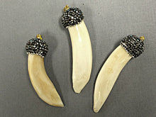 Load image into Gallery viewer, Pave Black Diamond Rhinestone Capped Shell Tibet Horn Tusk Pendant Cream 2.50" 65mm x 19mm - AP403 - BeadPrism